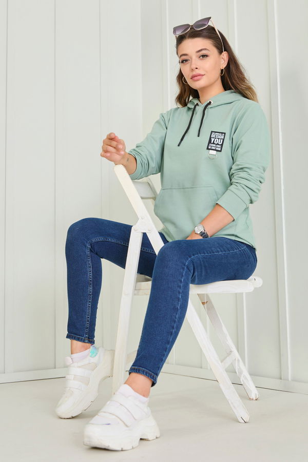 Düz Kapşonlu Yaka Kadın Yeşil Sweat - 23043