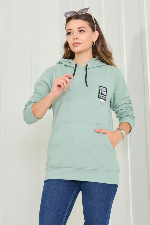 Düz Kapşonlu Yaka Kadın Yeşil Sweat - 23043