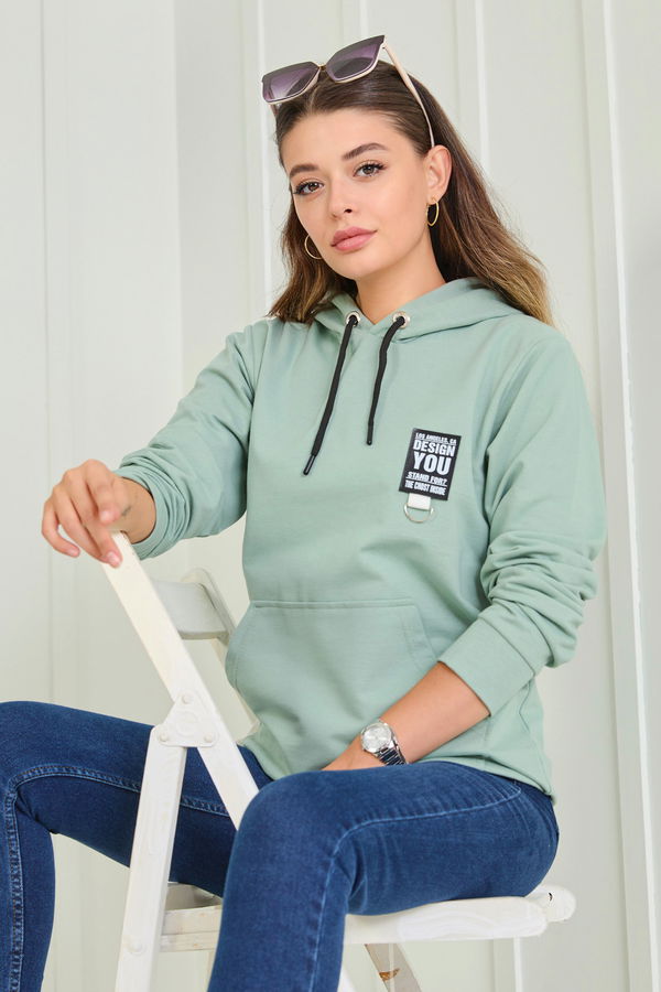 Düz Kapşonlu Yaka Kadın Yeşil Sweat - 23043