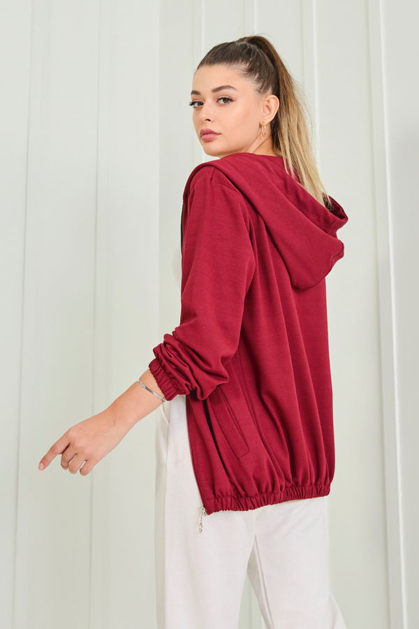 Düz Kapşonlu Yaka Kadın Bordo Kapşonlu Sweat - 23041