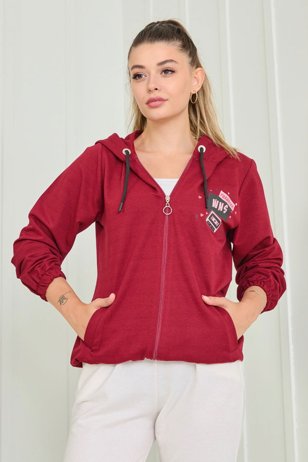 Düz Kapşonlu Yaka Kadın Bordo Kapşonlu Sweat - 23041
