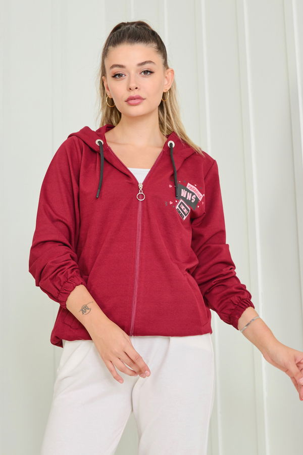 Düz Kapşonlu Yaka Kadın Bordo Kapşonlu Sweat - 23041