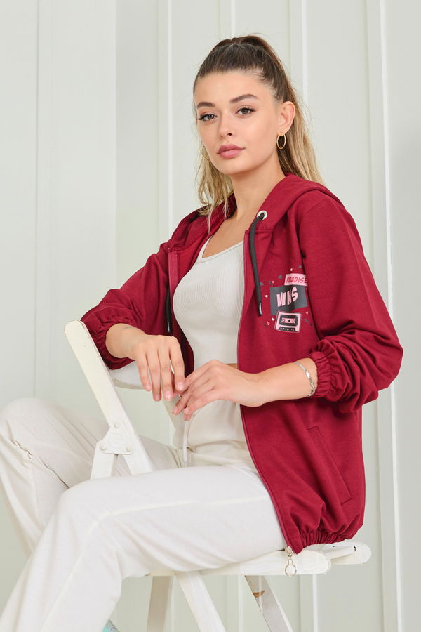 Düz Kapşonlu Yaka Kadın Bordo Kapşonlu Sweat - 23041