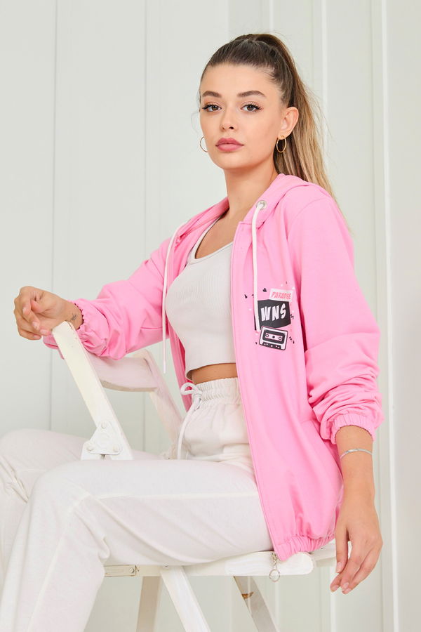 Düz Kapşonlu Yaka Kadın Pembe Kapşonlu Sweat - 23041
