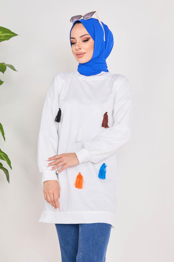 Düz Bisiklet Yaka Kadın Beyaz Sweat - 23031