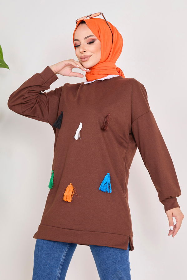 Düz Bisiklet Yaka Kadın Kahverengi Sweat - 23031