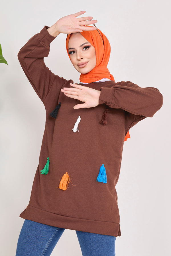 Düz Bisiklet Yaka Kadın Kahverengi Sweat - 23031