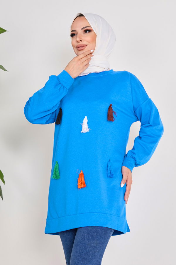 Düz Bisiklet Yaka Kadın Mavi Sweat - 23031