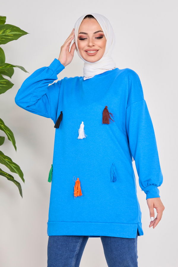 Düz Bisiklet Yaka Kadın Mavi Sweat - 23031