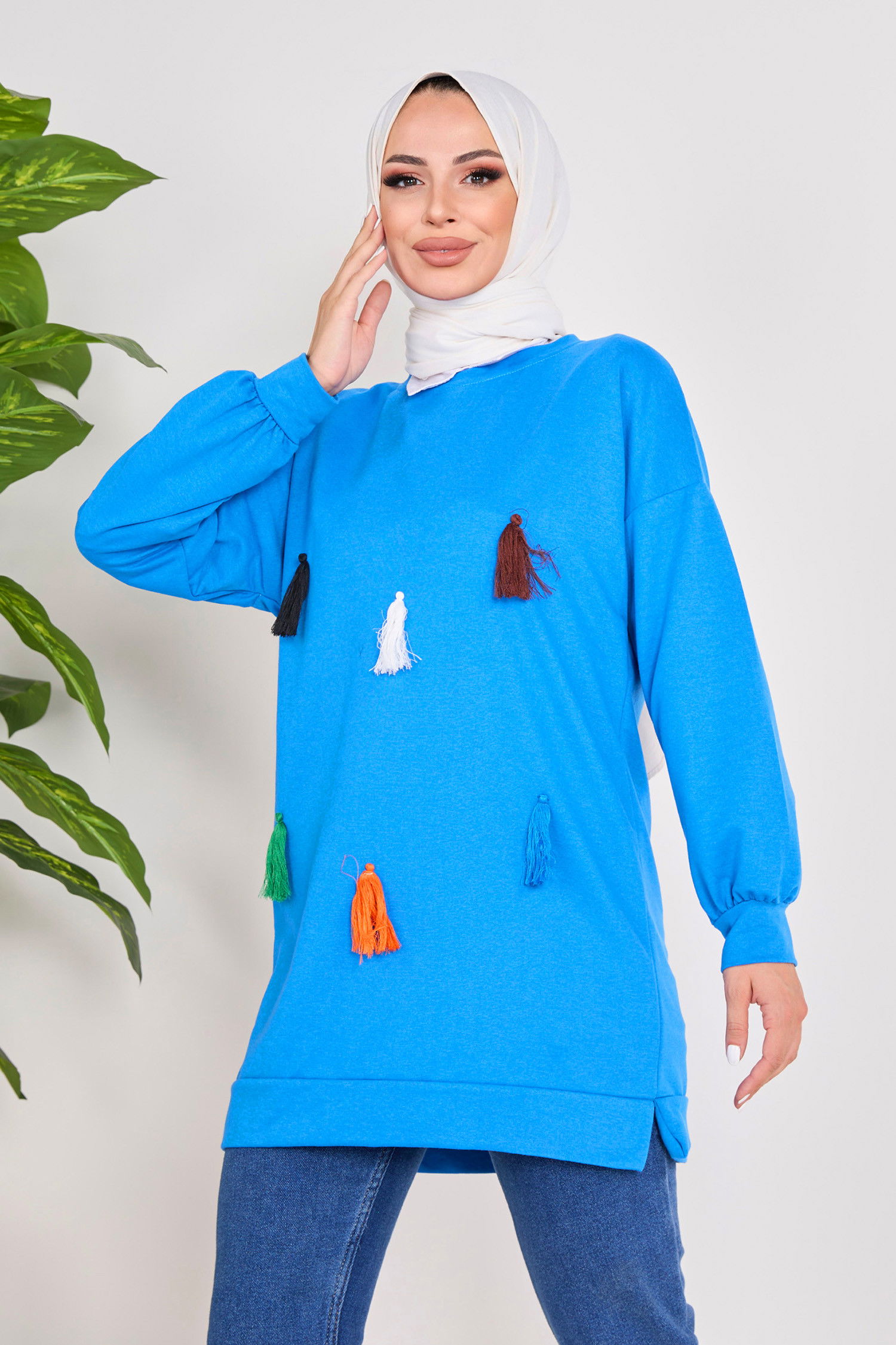 Düz Bisiklet Yaka Kadın Mavi Sweat - 23031