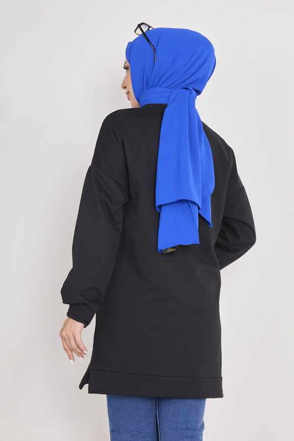 Düz Bisiklet Yaka Kadın Siyah Sweat - 23031