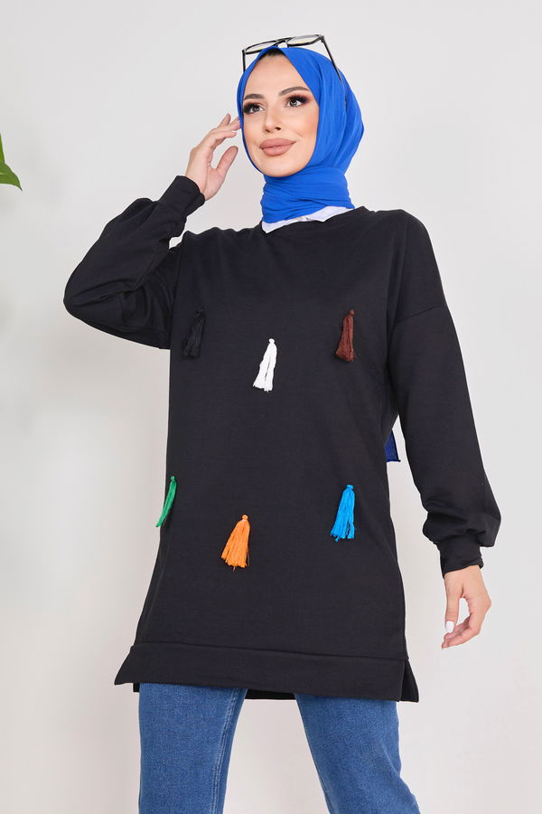 Düz Bisiklet Yaka Kadın Siyah Sweat - 23031