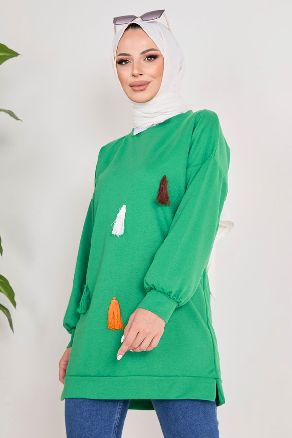 Düz Bisiklet Yaka Kadın Yeşil Sweat - 23031
