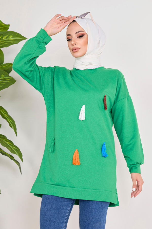 Düz Bisiklet Yaka Kadın Yeşil Sweat - 23031