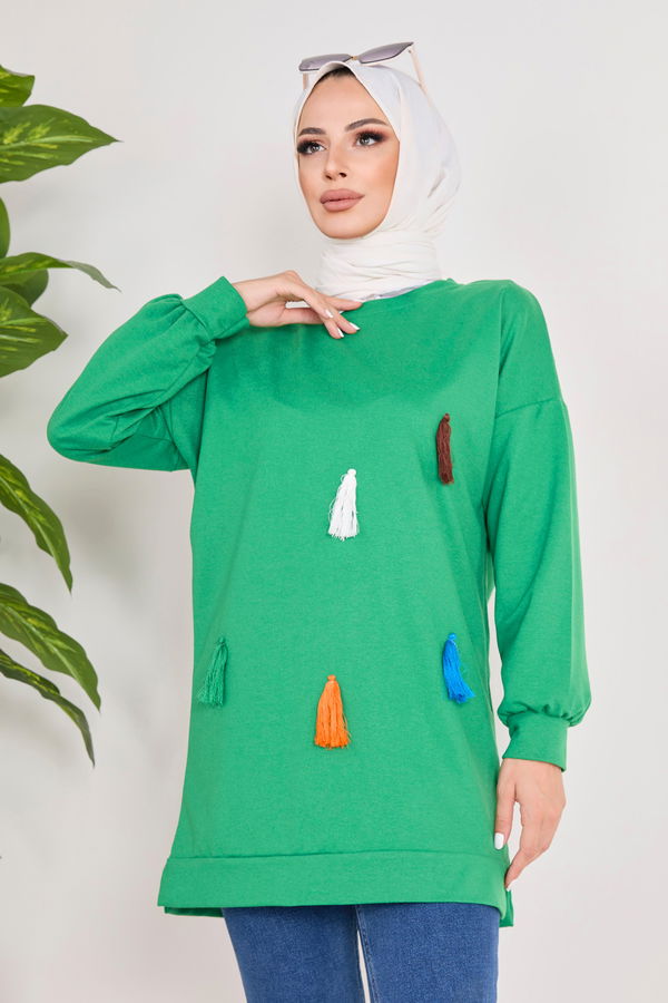 Düz Bisiklet Yaka Kadın Yeşil Sweat - 23031