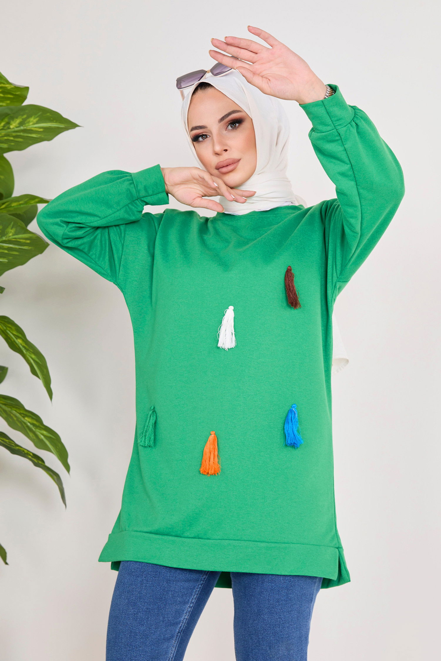 Düz Bisiklet Yaka Kadın Yeşil Sweat - 23031