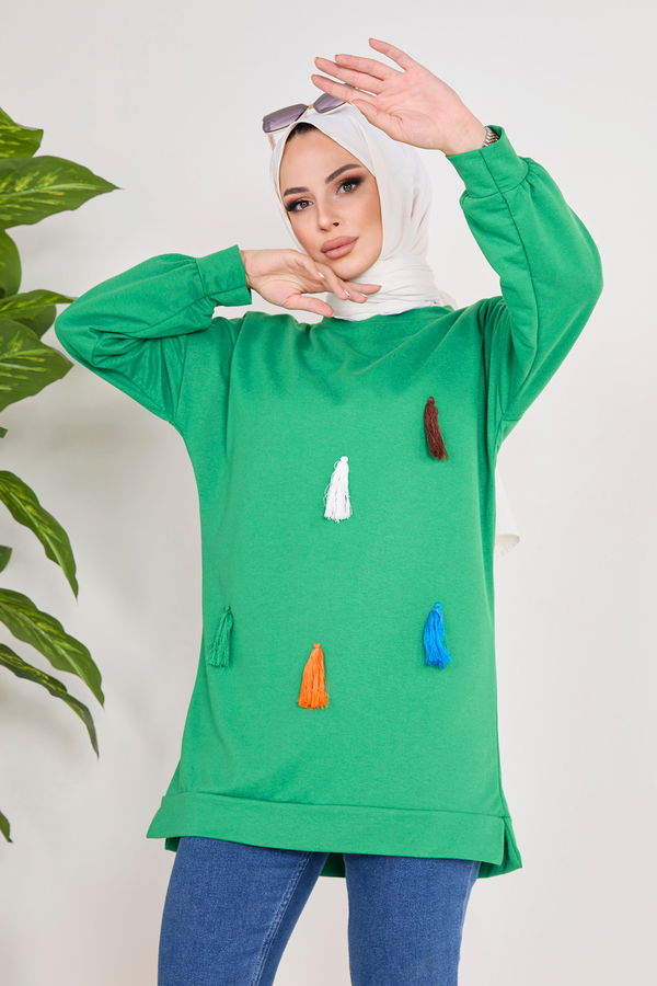 Düz Bisiklet Yaka Kadın Yeşil Sweat - 23031