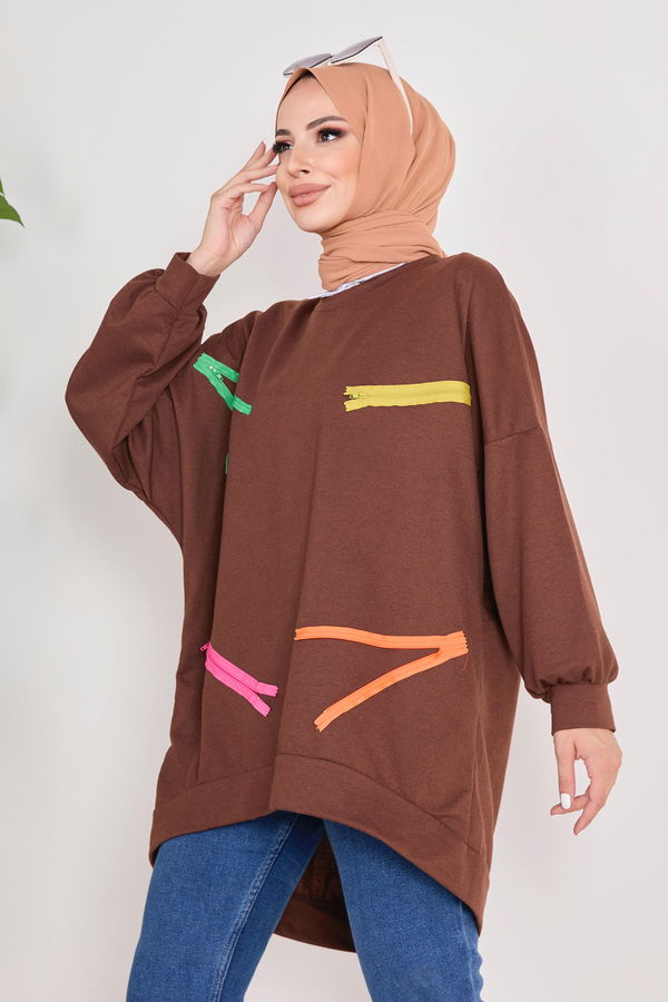 Düz Bisiklet Yaka Kadın Kahverengi Sweat - 23032