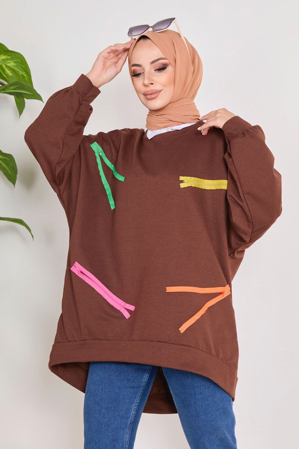 Düz Bisiklet Yaka Kadın Kahverengi Sweat - 23032