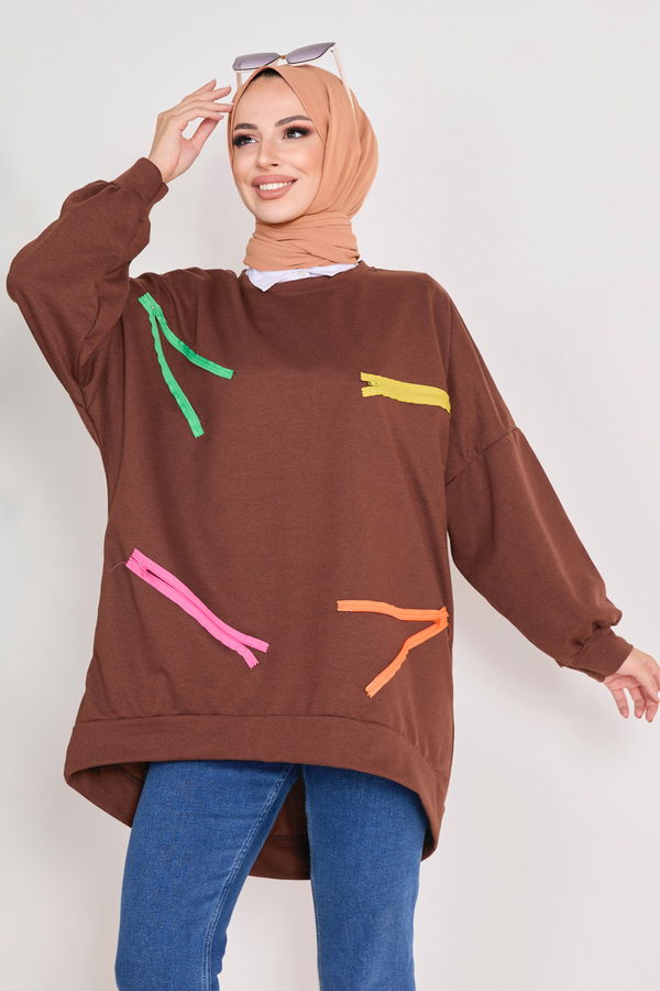 Düz Bisiklet Yaka Kadın Kahverengi Sweat - 23032