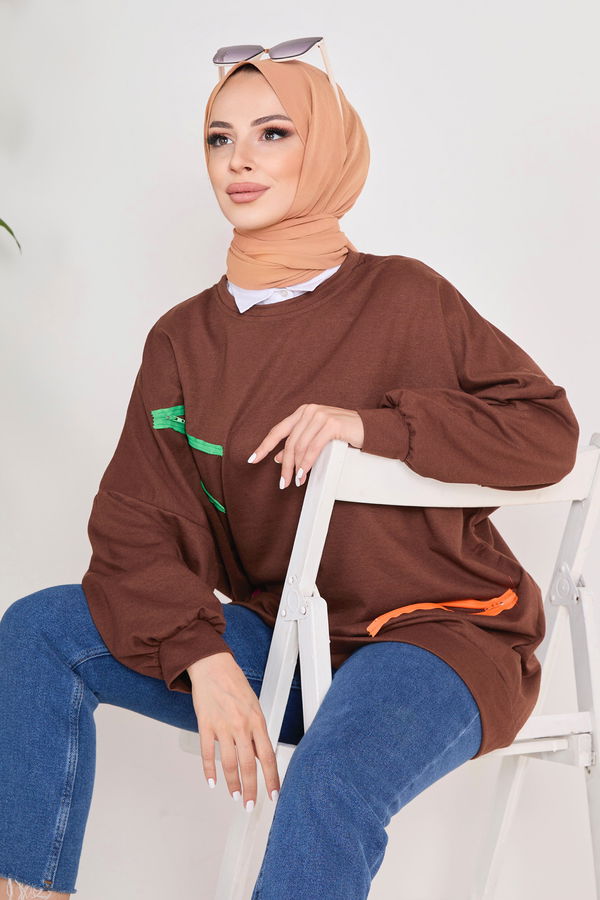 Düz Bisiklet Yaka Kadın Kahverengi Sweat - 23032