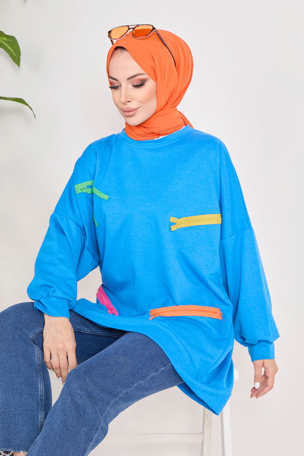 Düz Bisiklet Yaka Kadın Mavi Sweat - 23032