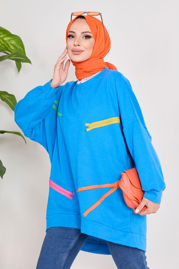Düz Bisiklet Yaka Kadın Mavi Sweat - 23032