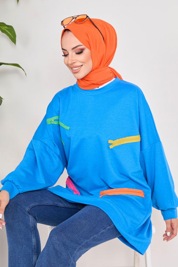 Düz Bisiklet Yaka Kadın Mavi Sweat - 23032