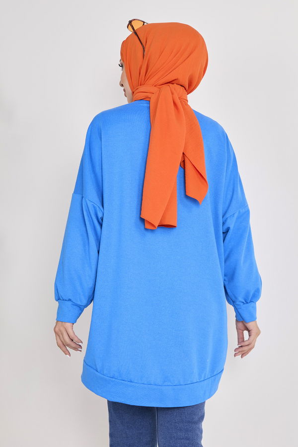 Düz Bisiklet Yaka Kadın Mavi Sweat - 23032