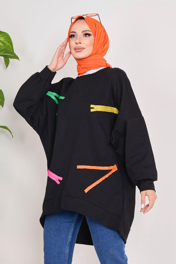 Düz Bisiklet Yaka Kadın Siyah Sweat - 23032