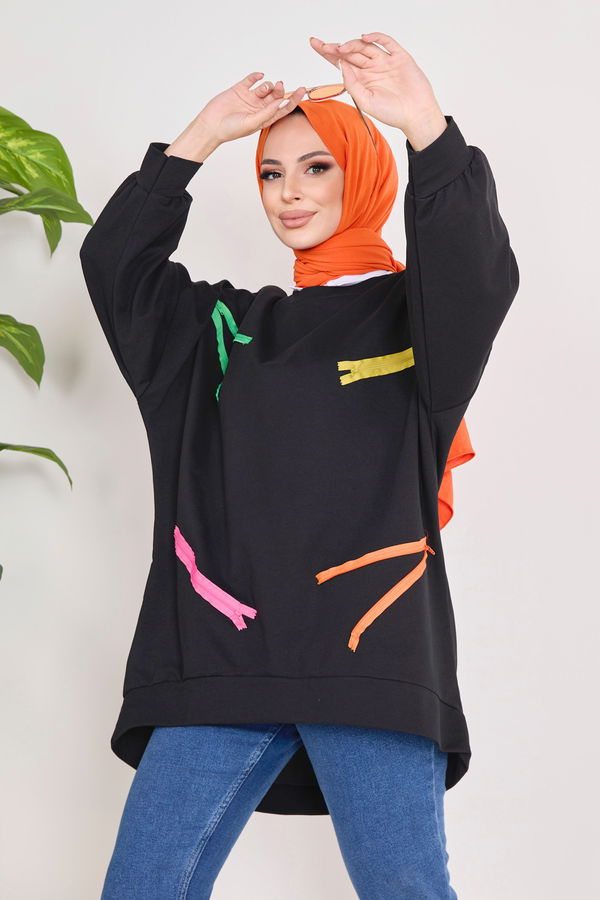 Düz Bisiklet Yaka Kadın Siyah Sweat - 23032
