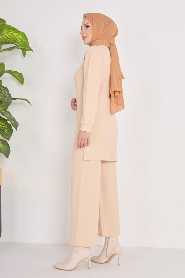 Düz Bisiklet Yaka Kadın Bej Tunik+Pantolon - 23039