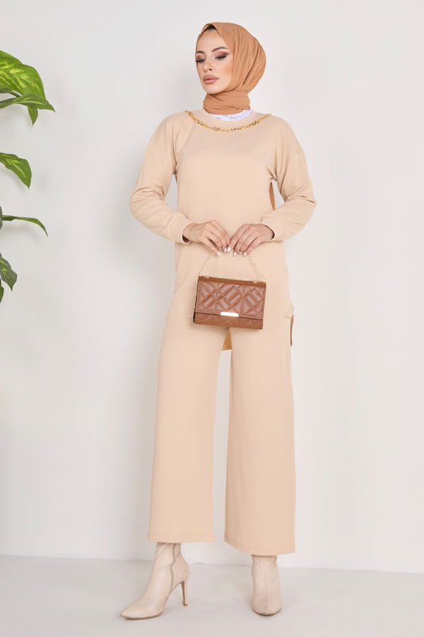 Düz Bisiklet Yaka Kadın Bej Tunik+Pantolon - 23039