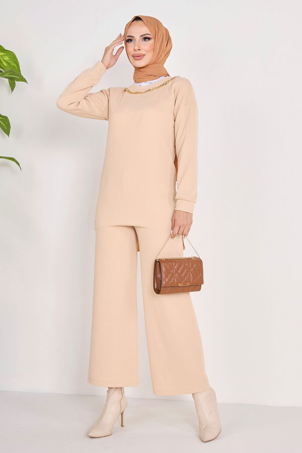 Düz Bisiklet Yaka Kadın Bej Tunik+Pantolon - 23039