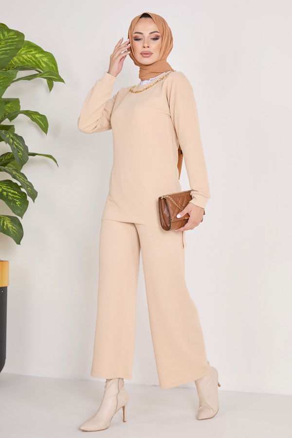 Düz Bisiklet Yaka Kadın Bej Tunik+Pantolon - 23039