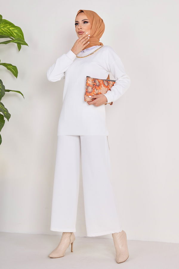 Düz Bisiklet Yaka Kadın Beyaz Tunik+Pantolon - 23039