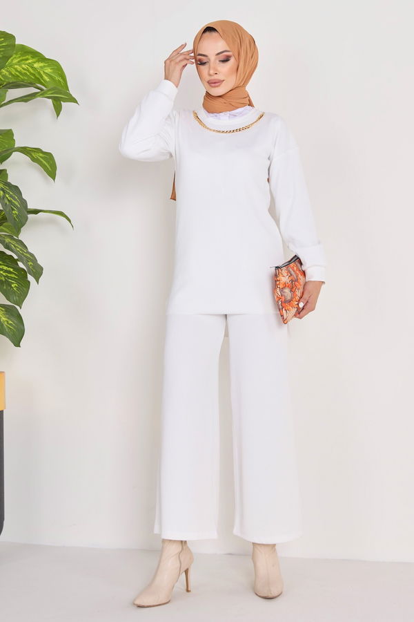 Düz Bisiklet Yaka Kadın Beyaz Tunik+Pantolon - 23039