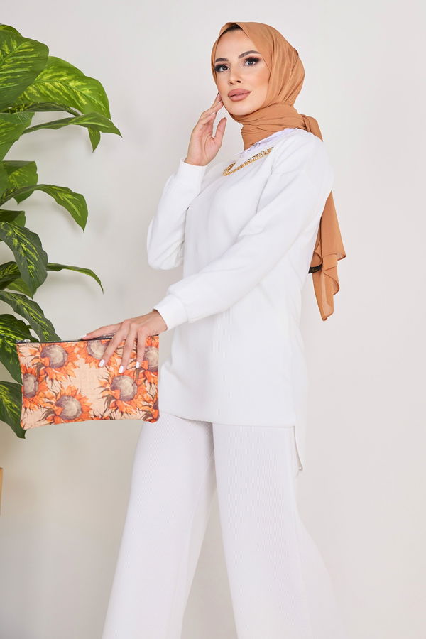 Düz Bisiklet Yaka Kadın Beyaz Tunik+Pantolon - 23039