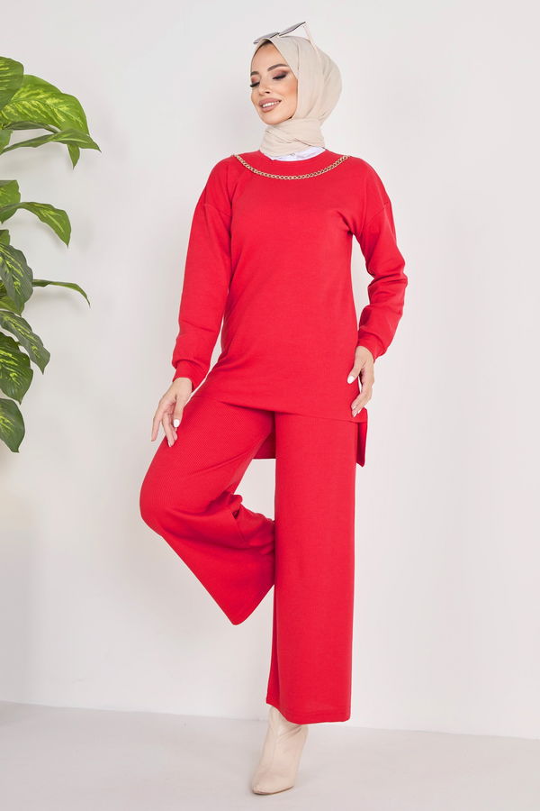 Düz Bisiklet Yaka Kadın Kırmızı Tunik+Pantolon - 23039