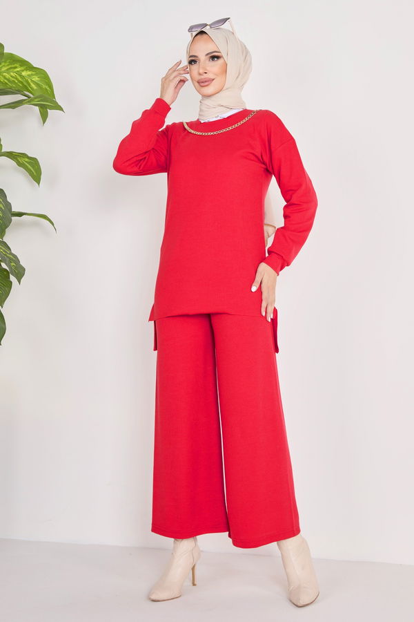 Düz Bisiklet Yaka Kadın Kırmızı Tunik+Pantolon - 23039