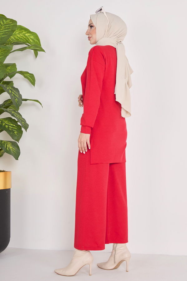 Düz Bisiklet Yaka Kadın Kırmızı Tunik+Pantolon - 23039