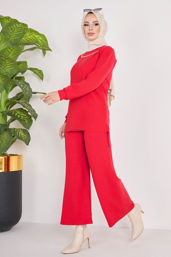 Düz Bisiklet Yaka Kadın Kırmızı Tunik+Pantolon - 23039