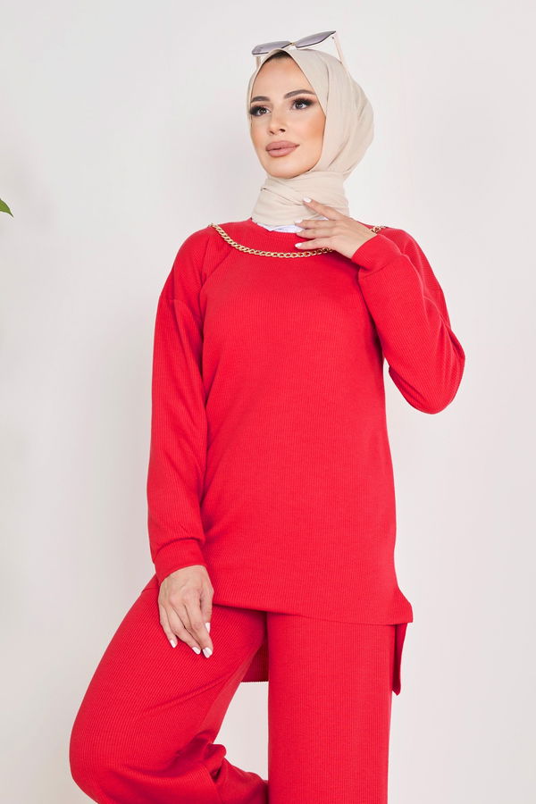 Düz Bisiklet Yaka Kadın Kırmızı Tunik+Pantolon - 23039