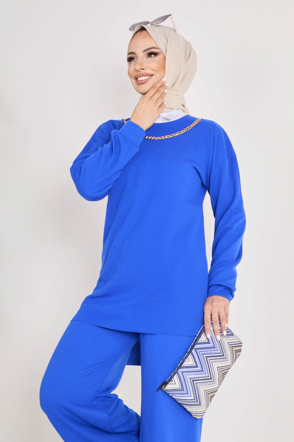 Düz Bisiklet Yaka Kadın Mavi Tunik+Pantolon - 23039