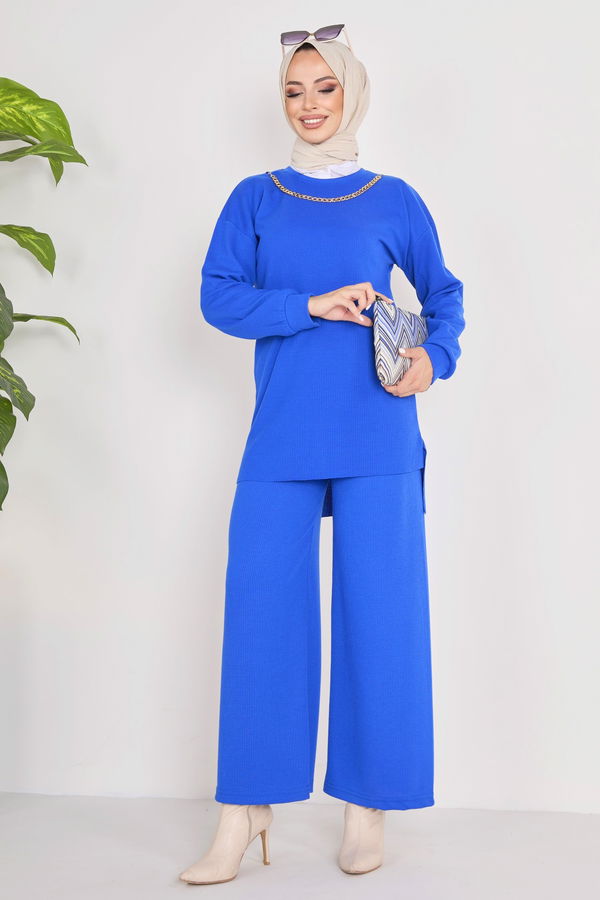 Düz Bisiklet Yaka Kadın Mavi Tunik+Pantolon - 23039