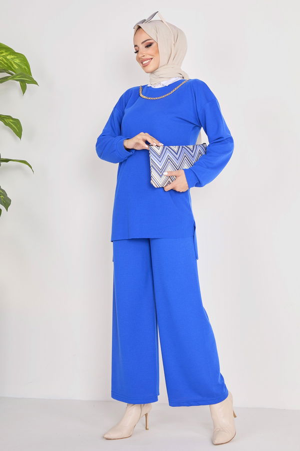 Düz Bisiklet Yaka Kadın Mavi Tunik+Pantolon - 23039