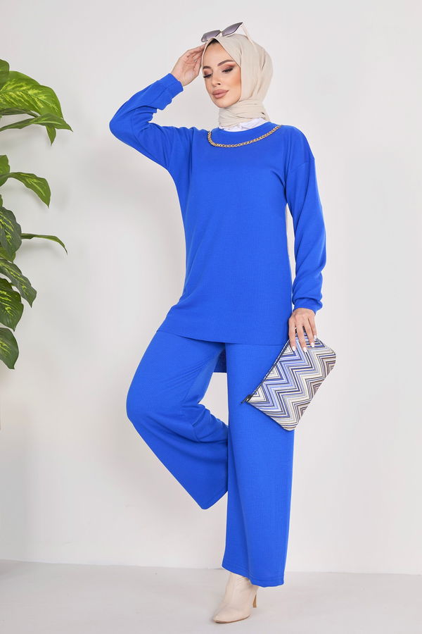 Düz Bisiklet Yaka Kadın Mavi Tunik+Pantolon - 23039