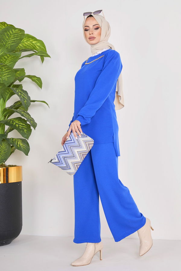 Düz Bisiklet Yaka Kadın Mavi Tunik+Pantolon - 23039