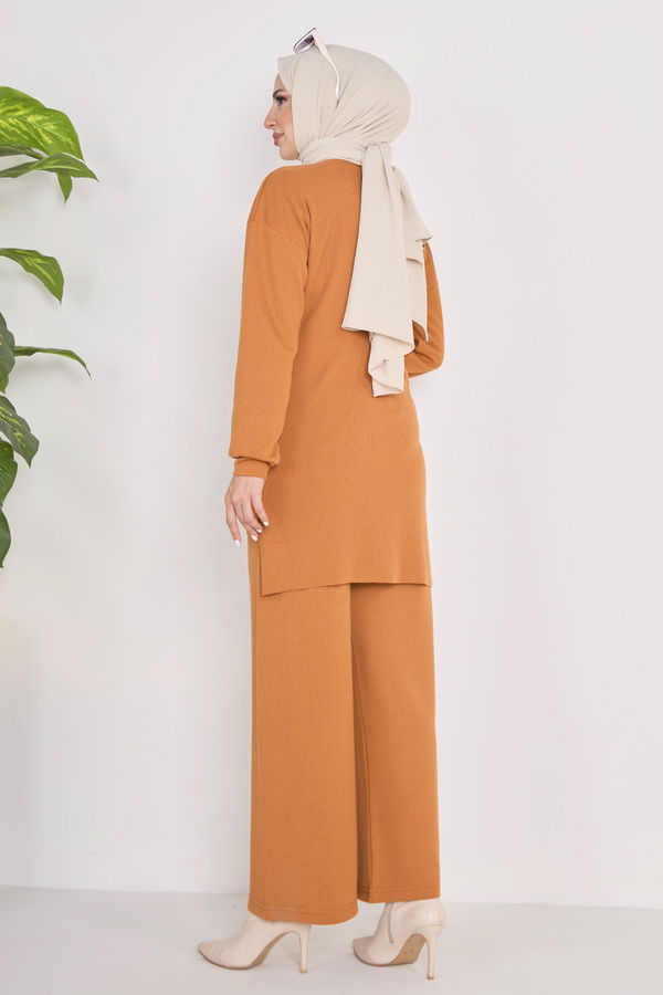 Düz Bisiklet Yaka Kadın Taba Tunik+Pantolon - 23039