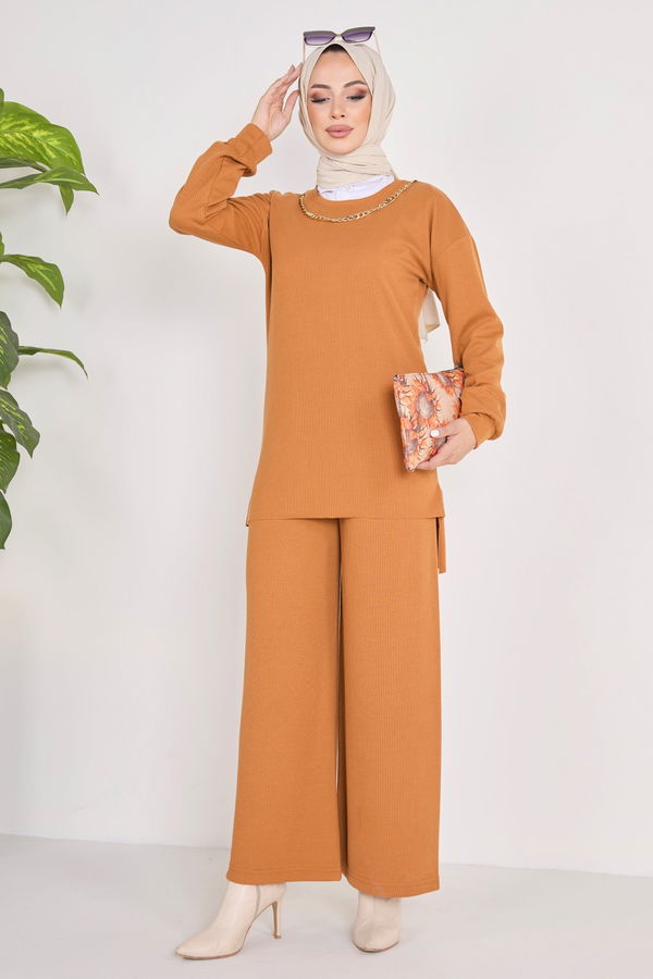 Düz Bisiklet Yaka Kadın Taba Tunik+Pantolon - 23039